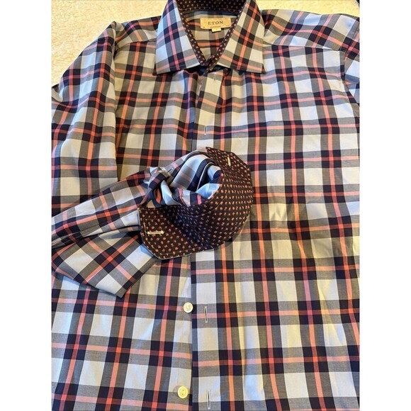 Eton Shirt Mens 44 17.5 Multi Cont Fit Cambridge Signature Twill Button Up Adult - Picture 9 of 10